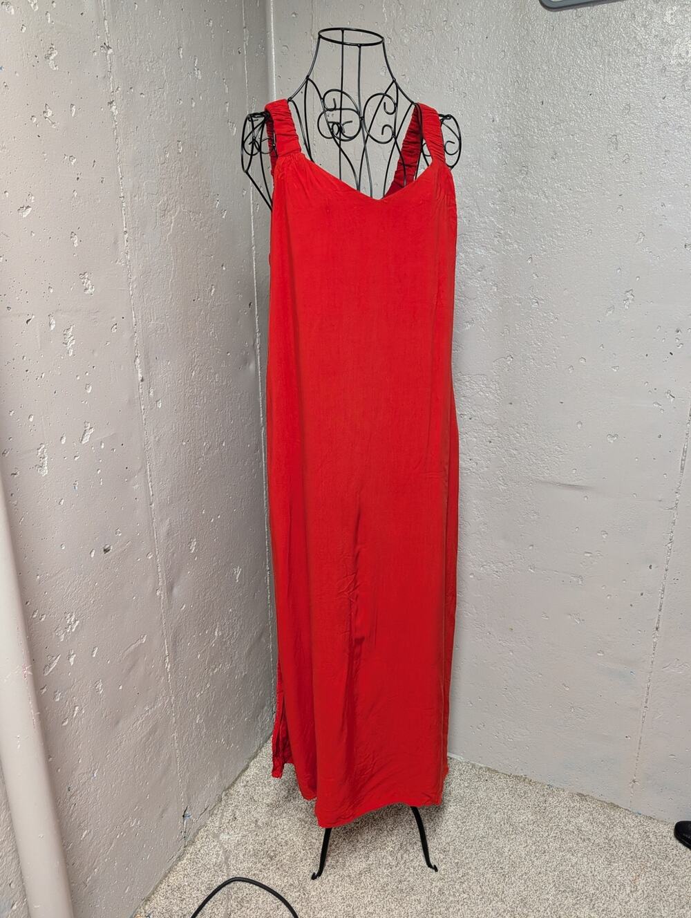 Ivy Street Red/Orange Rayon Midi Dress | Side Slit slip dress